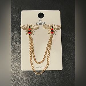 Mint Gold and Red Bee Brooch with Dual Chains